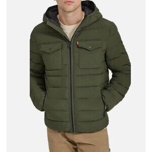 NWOT Levi's Men's Hooded 2 Chest Pocket Puffer Jacket Olive Mens Sz L Outdoor